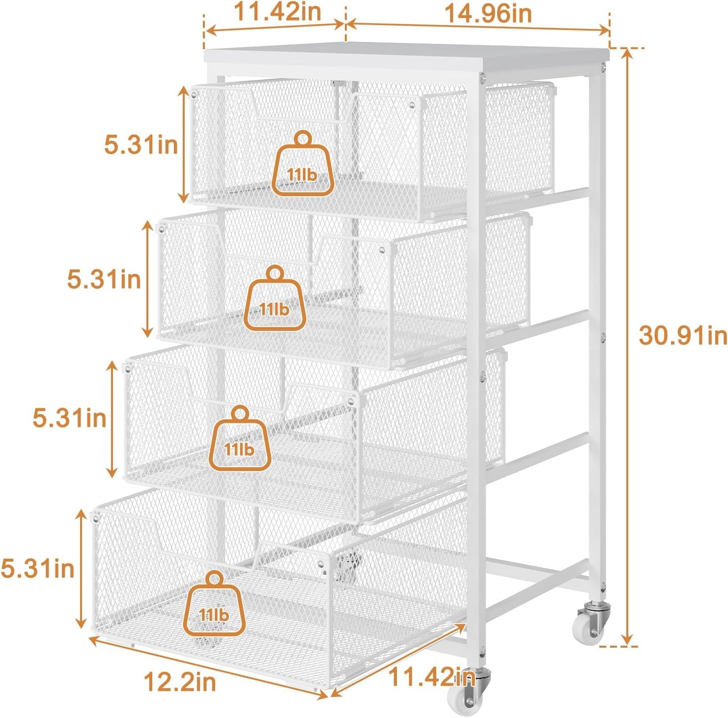 4 Tier Kitchen Rolling Cart, Kitchen Storage Cart with Wheels, Adjust Pantry Organizer and Storage Cart with Drawer, Fruit Vegetable Spice Storage Cart, Wooden Top Metal Kitchen Organizer Rack Stand