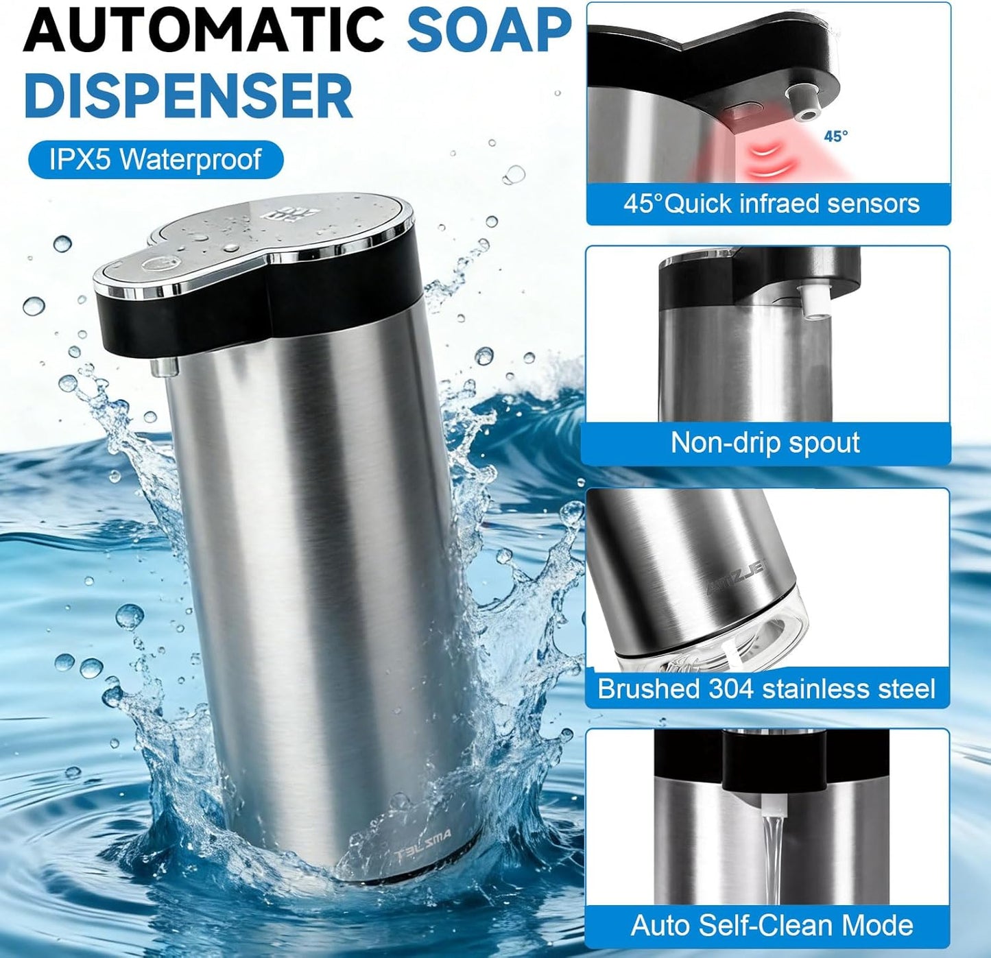 Automatic Soap Dispenser Touchless - 350ml 304 Stainless Steel, 0.25s Fast Activation, IPX5 Waterproof, 5000+ Uses per Charge, 4-Speed Foaming Soap Dispenser, Type-C Charging for Kitchen & Bathroom