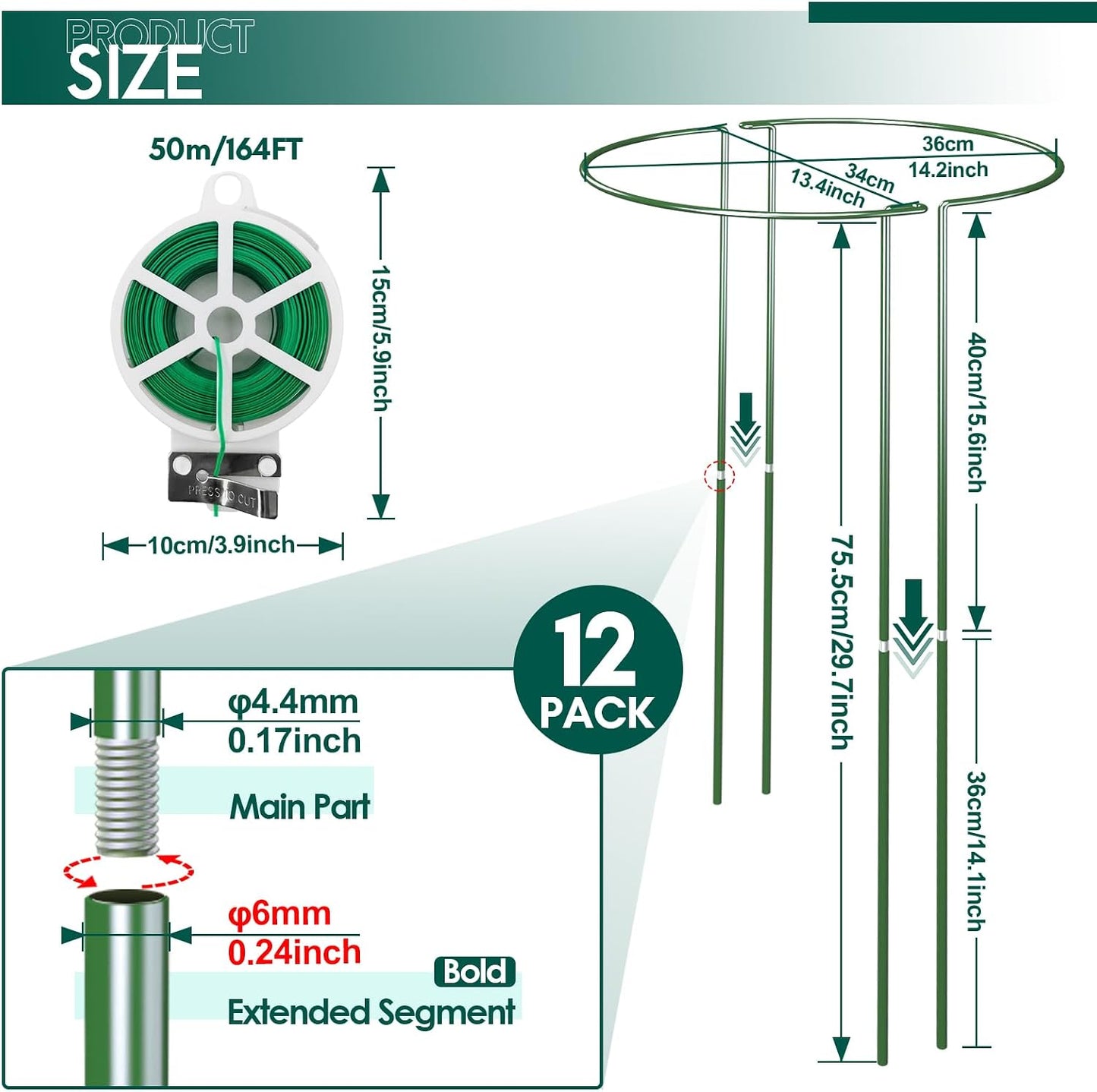 6 Pack 30 inch Plant Support Stakes, Heavy-Duty Half Round Peony Support, Garden Plant Stakes Cage for Outdoor Plants, Peony, Tomato, Hydrangea, (15In Support +15In Stainless Extension Tubes)