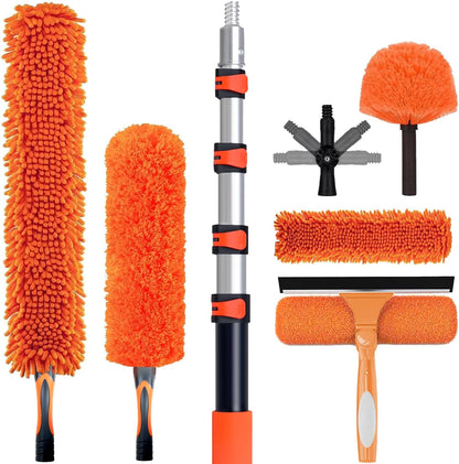 26FT High Reach Duster Cleaning Kit with 5-20 FTExtension Pole, High Ceiling Fan Cleaner Duster Tool for Fan Blades, Extendable Reusable Cobweb, Feather, Window Cleaning Squeegee Kit (20FT)