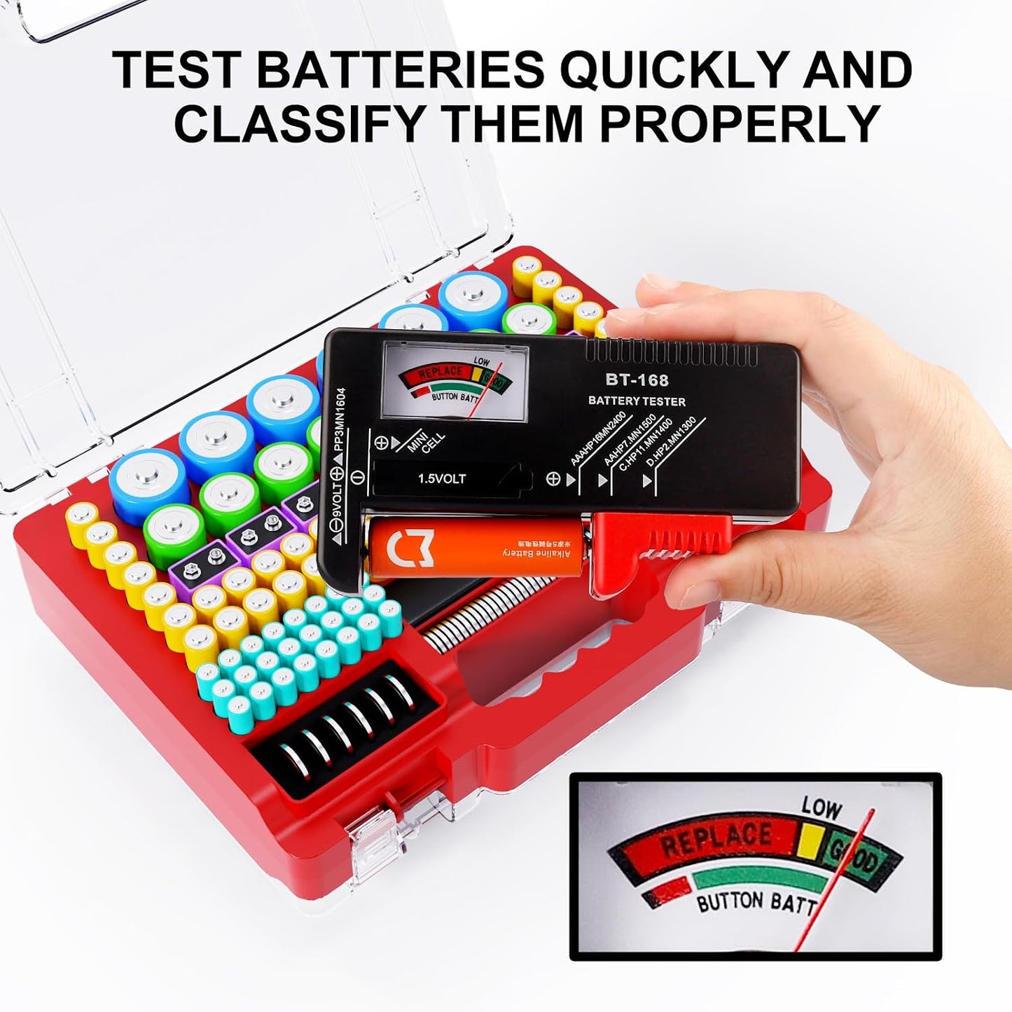 Tututry Battery Organizer Storage Holder Box Case with Tester, Ultra-Large 262+ Batteries Container with Double-Sided, Holds AA AAA 4A 23A C D Cell 9V 3V Lithium 4LR44 CR3 CR123A 18650 (Red)