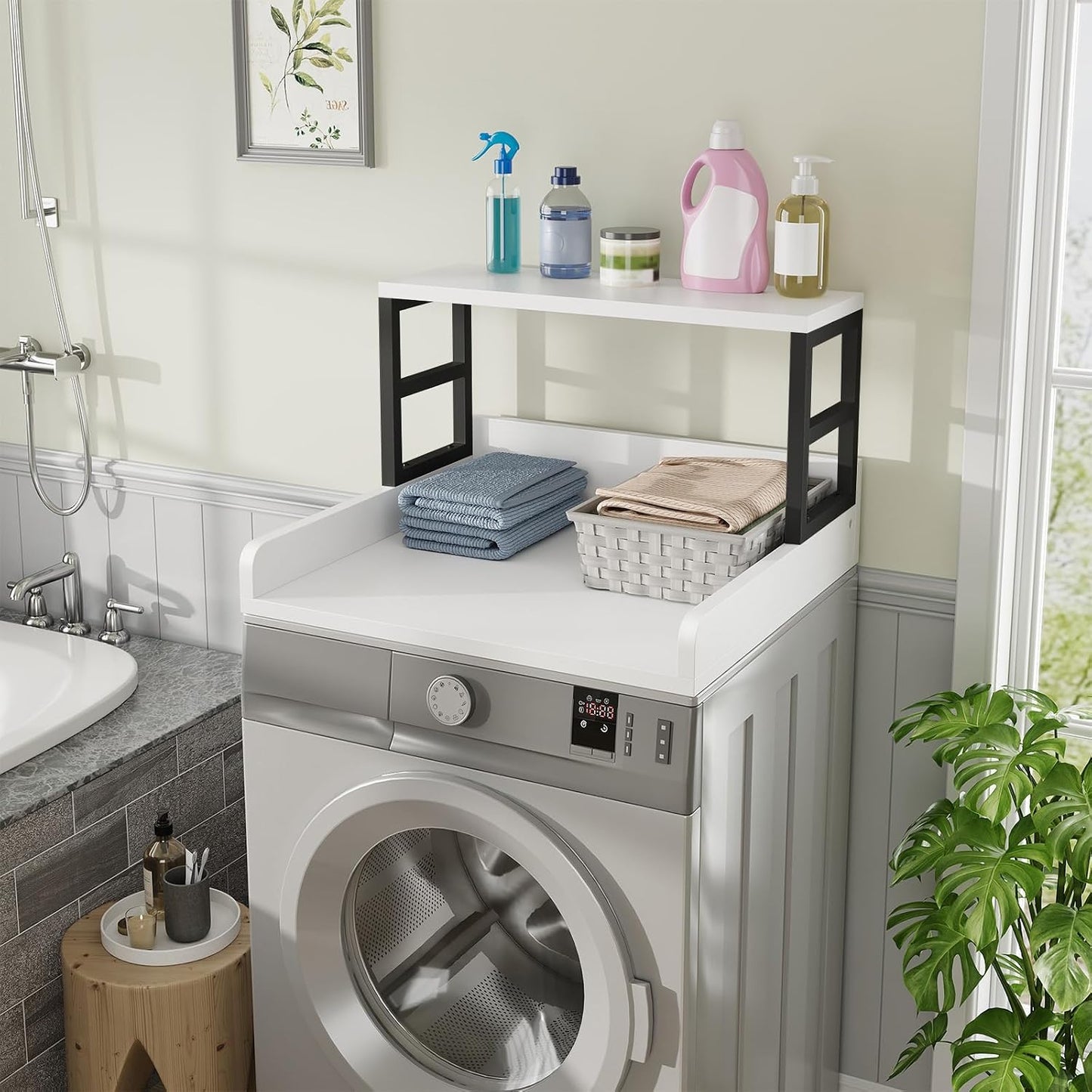 Washer Dryer Countertop with Shelf, 23.62″D x 23.62″W x 16.57″H, Countertop for Washer and Dryer Top with Non-Slip Pads and Edge Rails, Laundry Room Storage and Organization(Black)