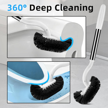 Toilet Brush and Holder Set, Curved Toilet Brush with Stainless Steel Handle, Under Rim Toilet Bowl Brush for Deep Cleaning, Drip-Proof, White