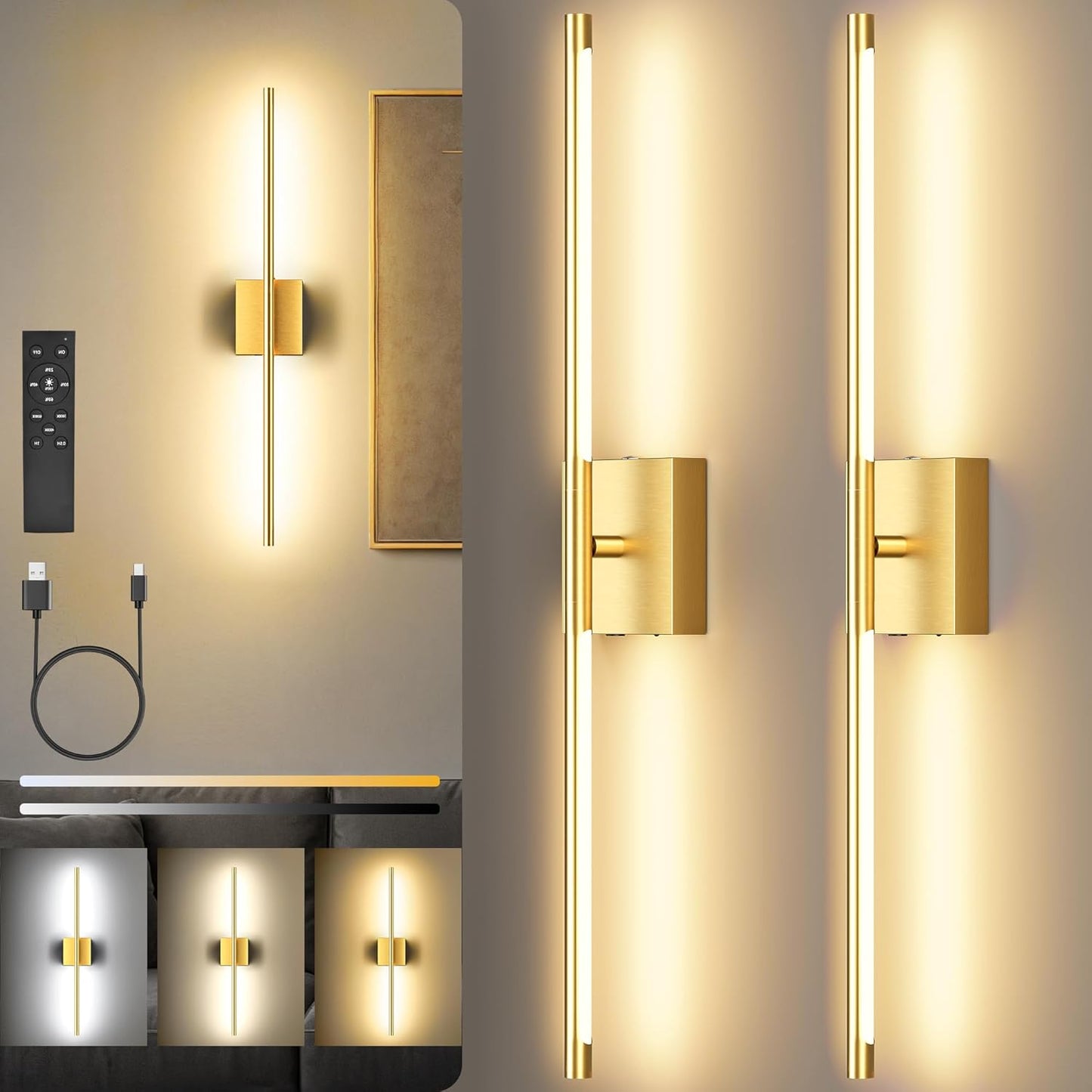 Battery Operated Wall Sconces Set of Two, 10000mAh Rechargeable Wall Lights with Remote Control, 360° Rotate Dimmable Black Gold LED Cordless Lighting for Bedroom, Living Room, Hallway, 29 Inch, 3CCT