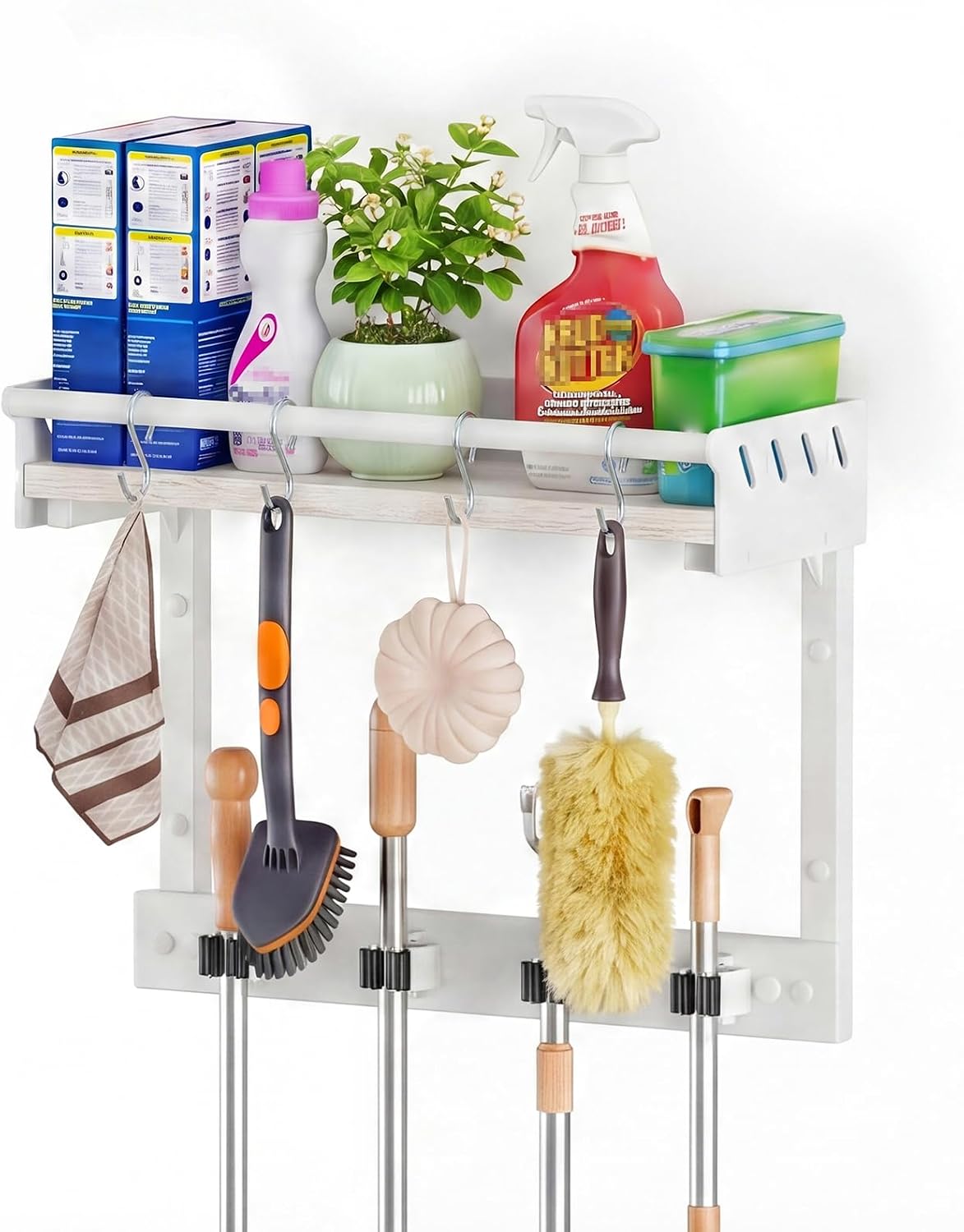 Broom Holder Wall Mount with Shelf,Broom Hanger,3 in 1 Broom and Mop Organizer Wall Hanging for Laundry,Garage,Utility,Broom Rack,Vacuum Stand Alternative,Cleaning Supplies Organizer Storage,White,L