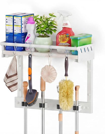 Broom Holder Wall Mount with Shelf,Broom Hanger,3 in 1 Broom and Mop Organizer Wall Hanging for Laundry,Garage,Utility,Broom Rack,Vacuum Stand Alternative,Cleaning Supplies Organizer Storage,White,L