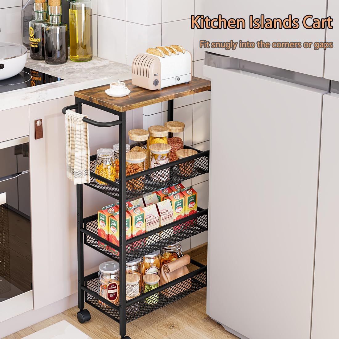 AZERPIAN Slim Rolling Cart 4 Tier Narrow Storage Cart on Wheels with MDF Board Top and Metal Handle for Small Space Kitchen Living Room Home Office Pantry Bathroom Laundry Room(16.54×5.12×30.31 inch)