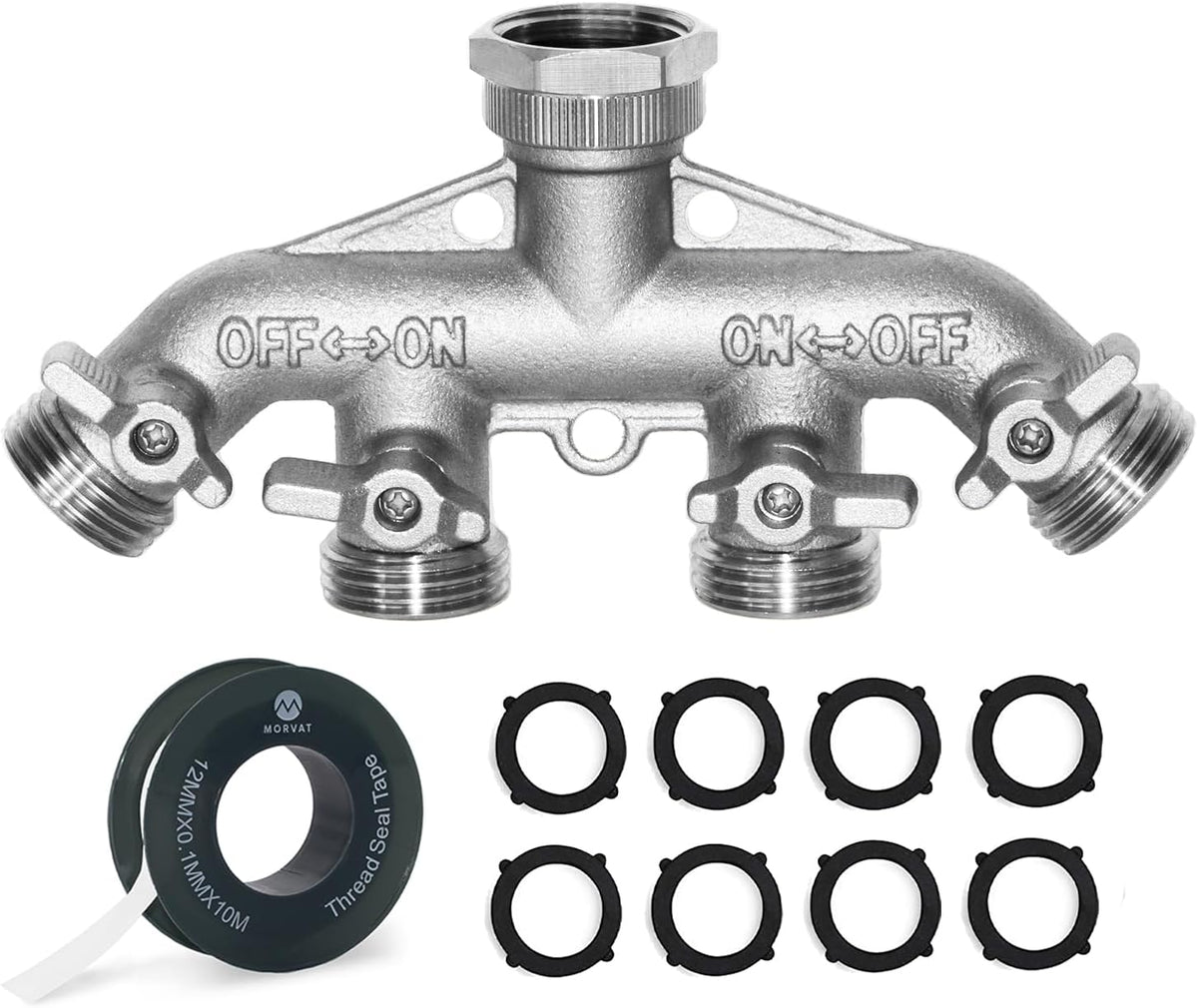 Morvat Heavy Duty Nickel Plated Brass 2 way Y Splitter Garden Hose Hexagonal Connector with Comfortable Grip Shut Off Valves, Adapter for Water Tap, Outlet, & Spigot, Includes 2 Extra Rubber Washers