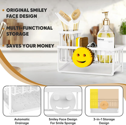 Sponge Holder for Kitchen Sink,Smiley Face Sink Caddy with Removable Brush Holder,Self-Draining Sponge Caddy for Soap,Dish Brush,Scrubber,Kitchen Essentials and Gadgets-Silver