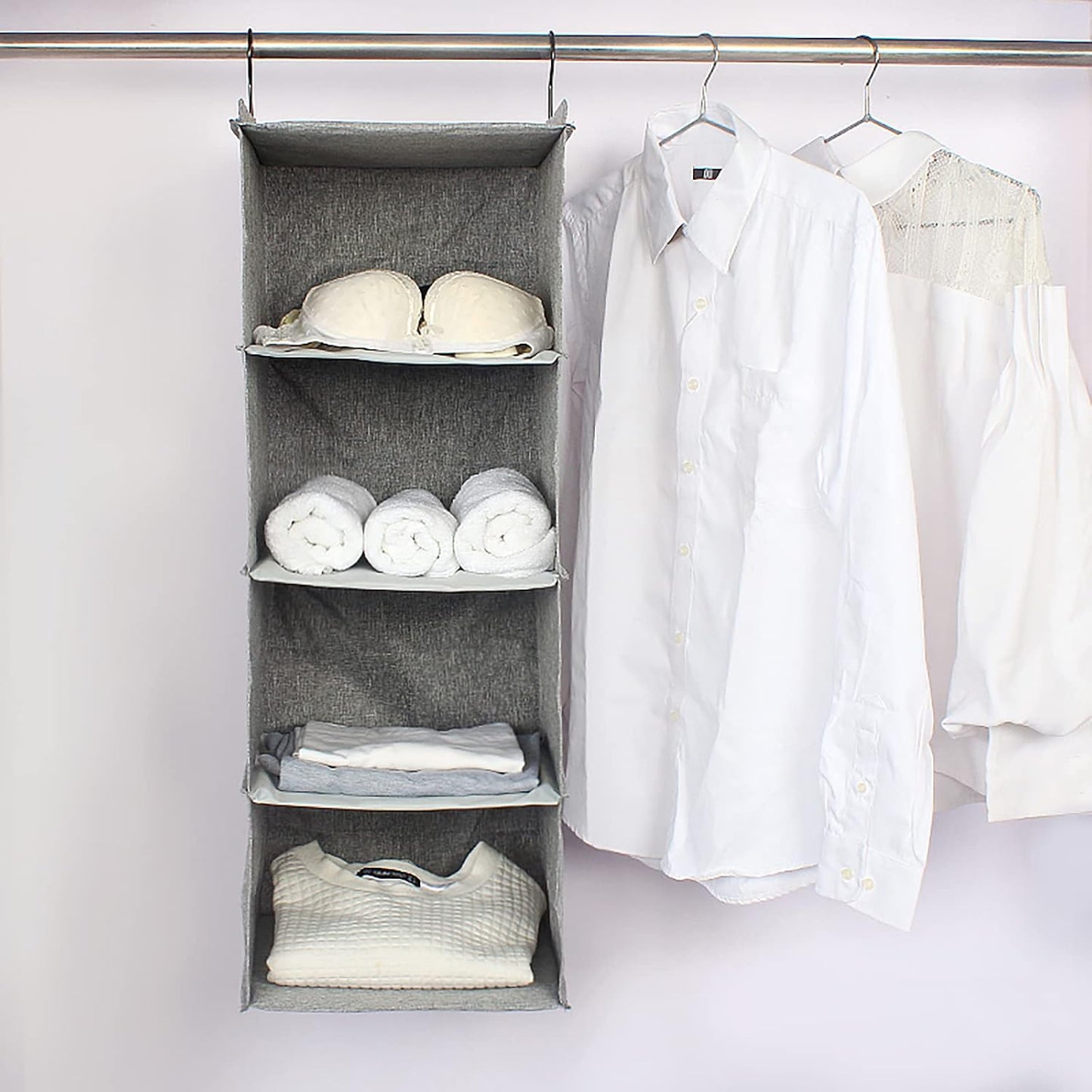 Hanging Closet Organizer 3-Shelf, Oxford Fabric Wardrobe Storage, Gray | Easy-mount foldable design holds clothes, handbags, shoes & accessories; washable Oxford fabric, sturdy and space-saving.