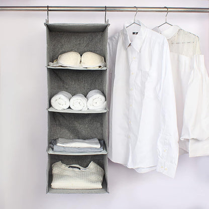 Hanging Closet Organizer 3-Shelf, Oxford Fabric Wardrobe Storage, Gray | Easy-mount foldable design holds clothes, handbags, shoes & accessories; washable Oxford fabric, sturdy and space-saving.