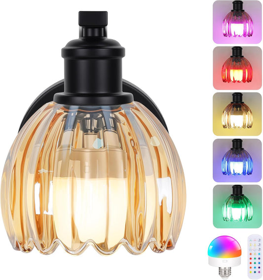 VerRon Rechargeable Battery Operated Wall Sconce Set of Two with Amber Glass Lampshade, Wireless Wall Scone Decor with Remote Control, 15 Colors Black Wall Light for Bedside Hallway Bedroom Doorway