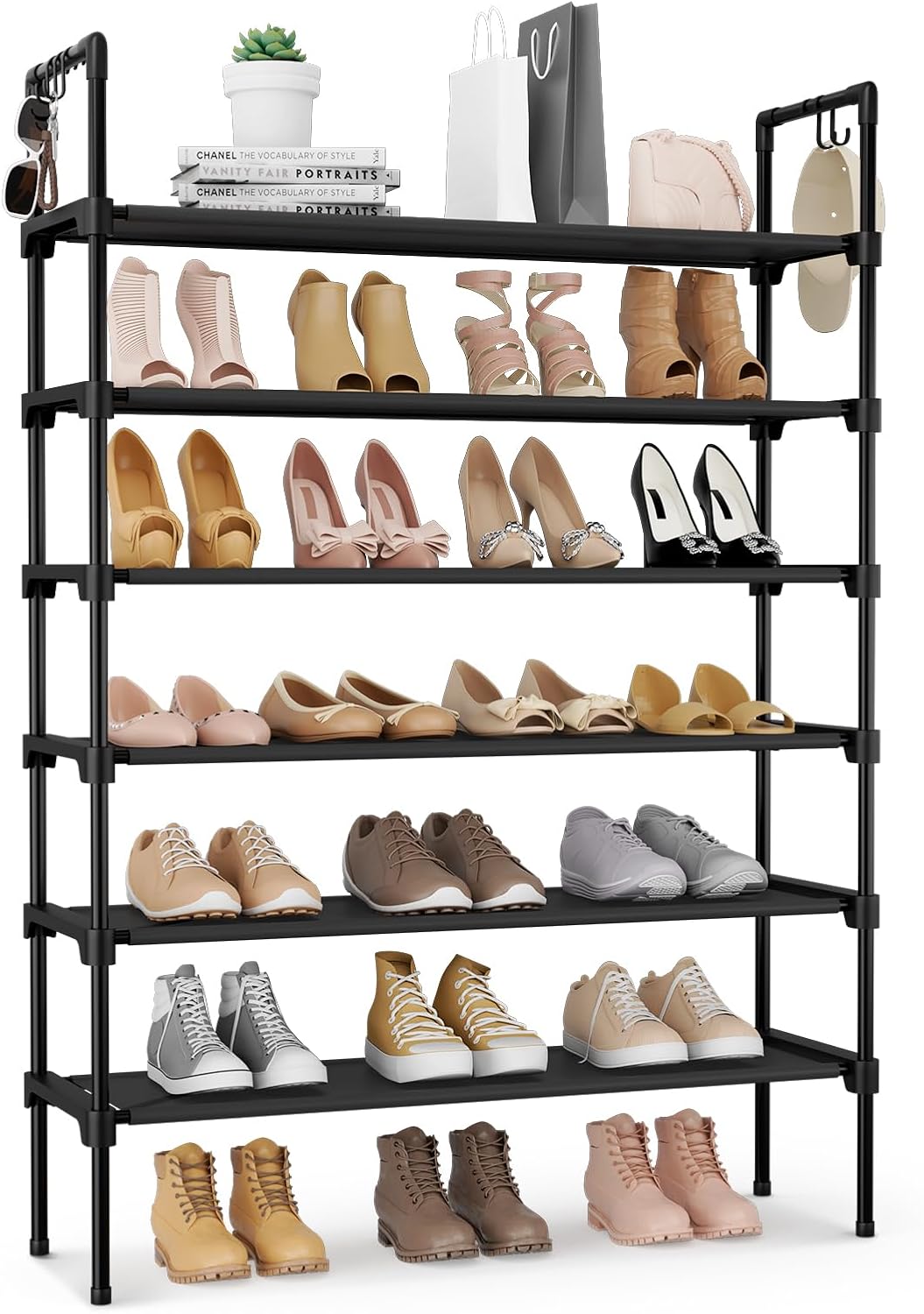 LANTEFUL 3 Tier Shoe Rack for Closet, Shoe Organizer with 5 Hooks, Long Shoe Shelf Storage for Sneaker and Boot Stackable Free Standing Shoe Rack for Entryway, Garage, Small Spaces, Dorm
