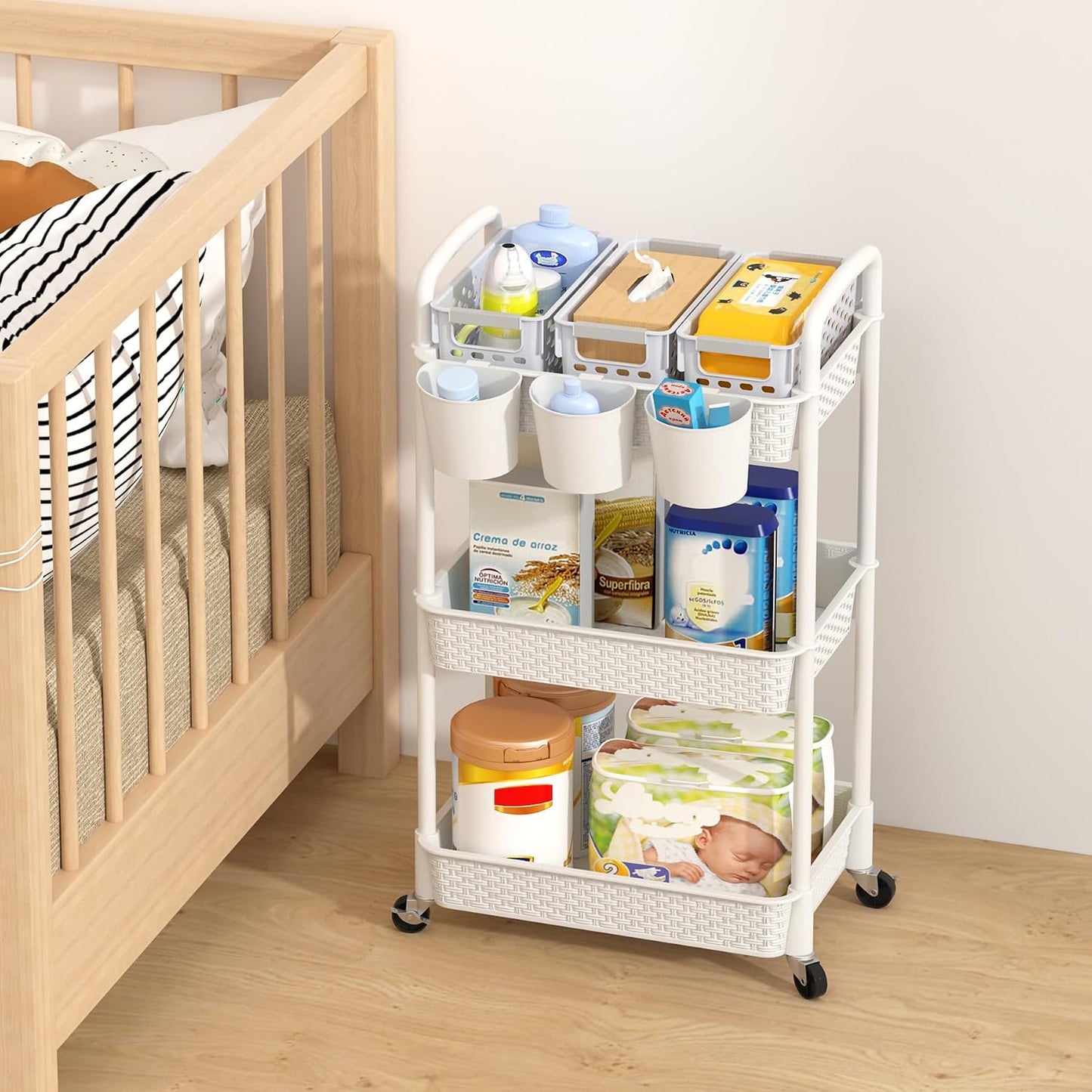 MOYIPIN 3-Tier Plastic Rolling Utility Cart with Handle,Utility Storage Cart for Office, Living Room, Kitchen,Movable Storage Organizer Shelves,White