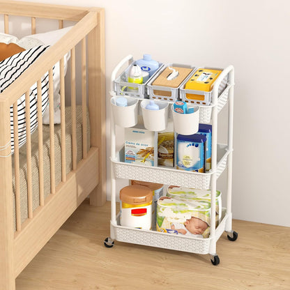 MOYIPIN 3-Tier Plastic Rolling Utility Cart with Handle,Utility Storage Cart for Office, Living Room, Kitchen,Movable Storage Organizer Shelves,White