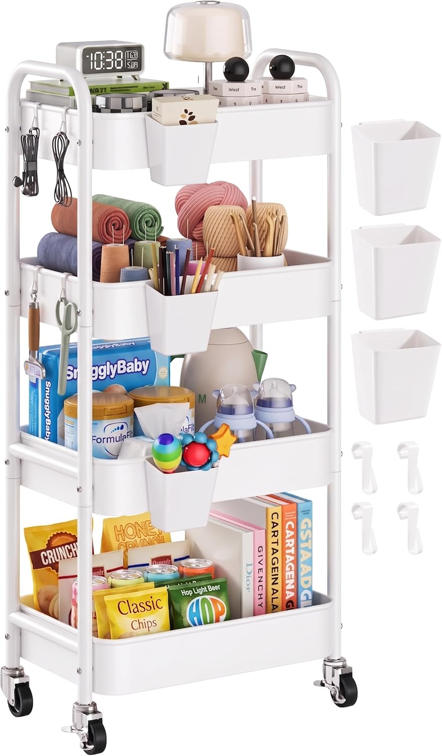 2 Tier Small Rolling Cart Metal with Wheels, White Under Desk Storage Cart on Wheels, Short Utility Roller Caddy Carts Organizer for Art,Craft,Pantry,Bathroom, Two Tiered Shelf Trolley,22 Inches Tall