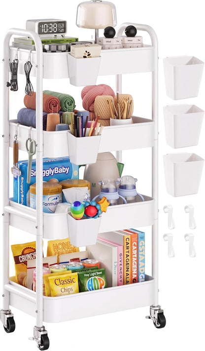 2 Tier Small Rolling Cart Metal with Wheels, White Under Desk Storage Cart on Wheels, Short Utility Roller Caddy Carts Organizer for Art,Craft,Pantry,Bathroom, Two Tiered Shelf Trolley,22 Inches Tall