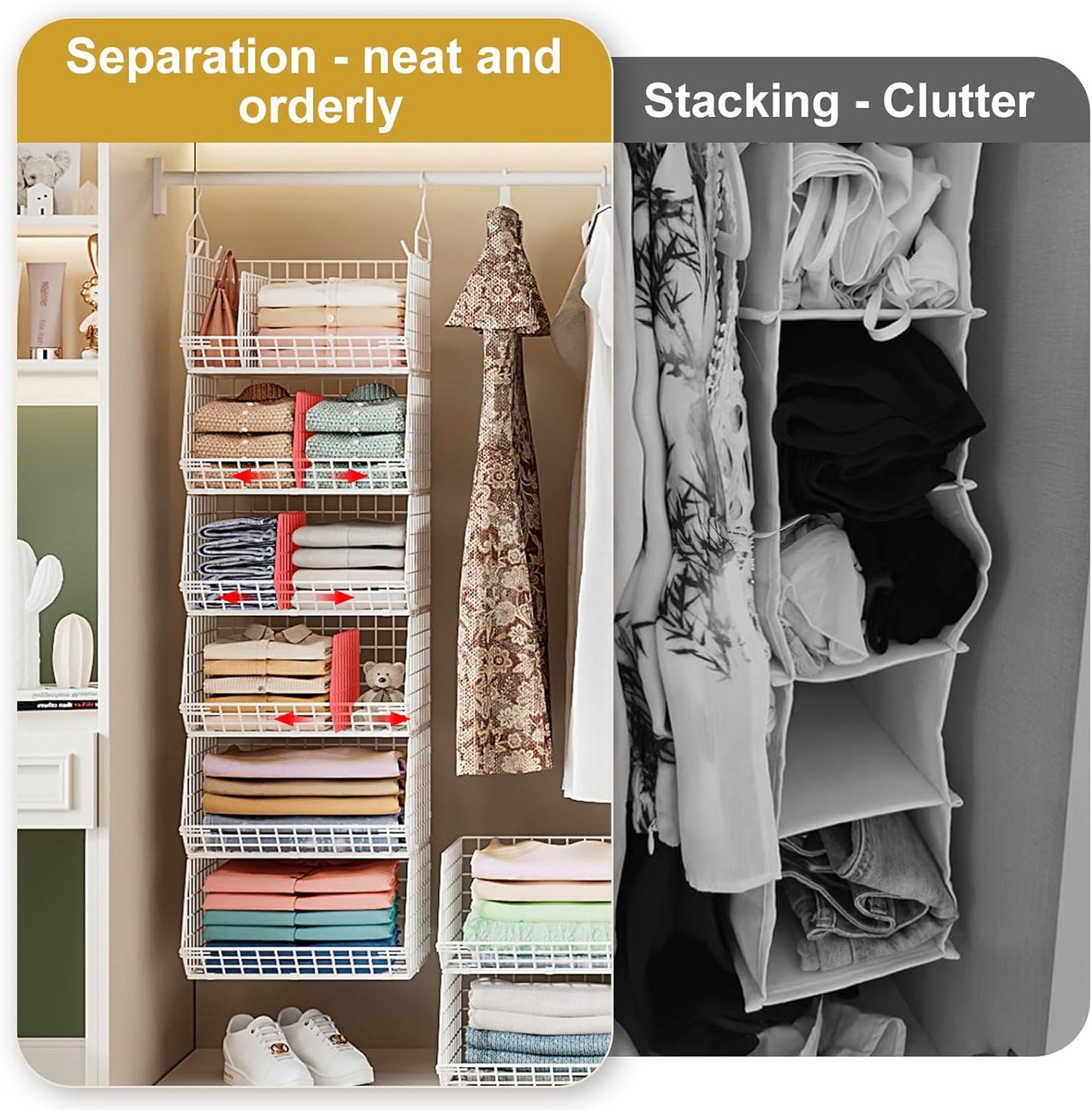 Jautokerdar 4 Tier Hanging Closet Organizer with Dividers,Extra Large Storage Hanging Shelf with 5 S Hooks 4 Dividers,Hang on Wire Closet Shelving Clothes Organizer-Black