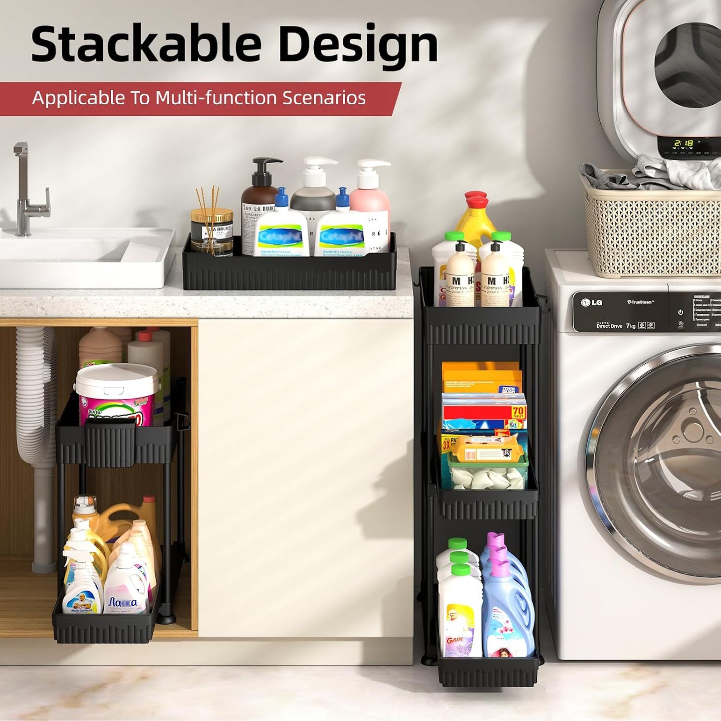 Sevenblue 4-Pack 2-Tier Under Sink Organizer with Pull Out Drawers | Multi-use kitchen & bathroom storage. Includes hanging hooks and cups. Black, space-saving cabinet design.