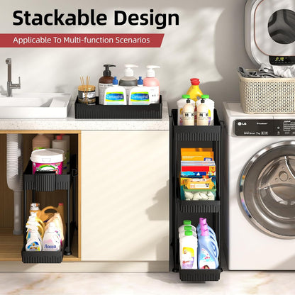 Sevenblue 4-Pack 2-Tier Under Sink Organizer with Pull Out Drawers | Multi-use kitchen & bathroom storage. Includes hanging hooks and cups. Black, space-saving cabinet design.