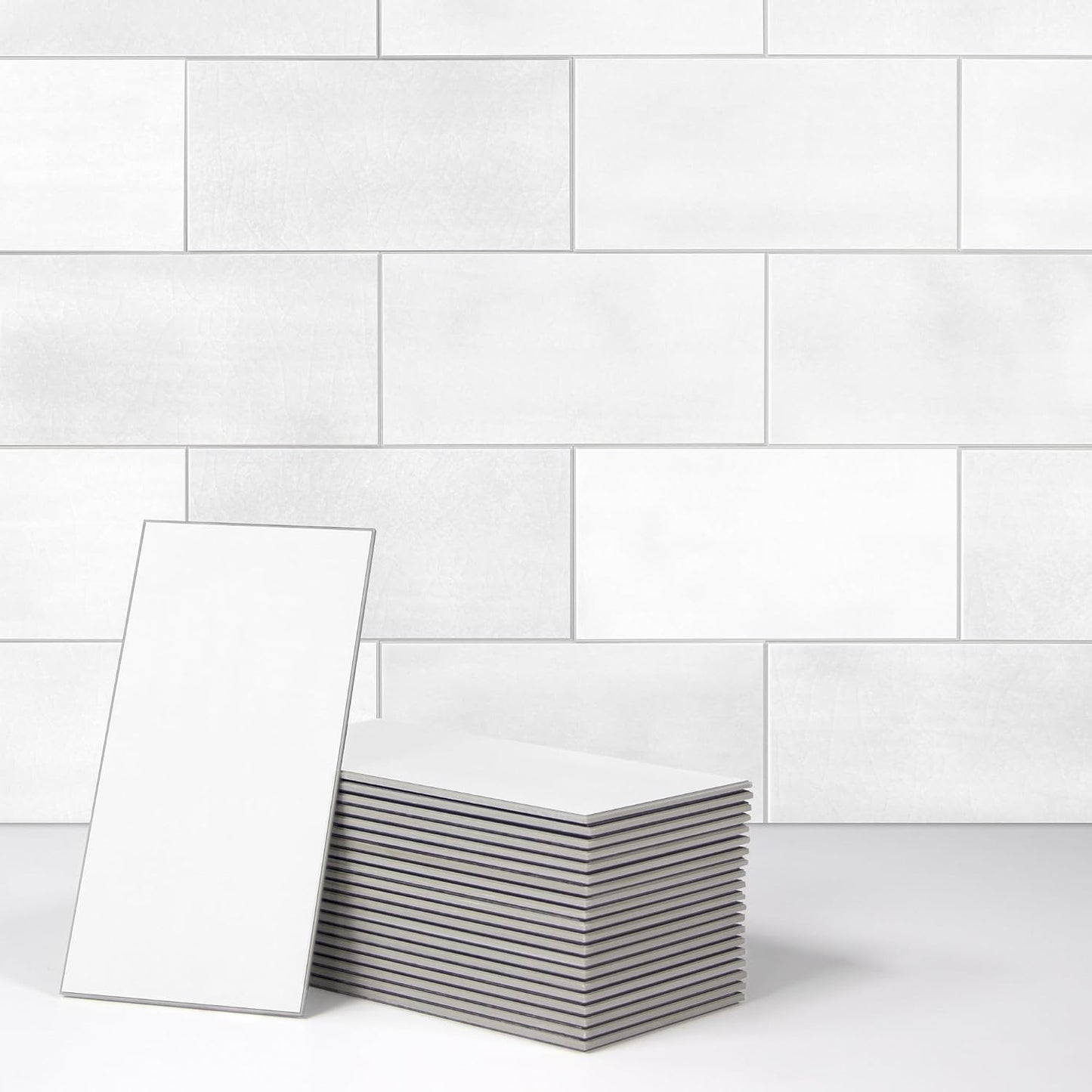 SUNWINGS 100-Sheet Subway Peel and Stick Backsplash Tile, 6" x 3" White Mixed Stone Composite Handmade Looks Self Adhesive Waterproof Wall Tile, Stick on Tiles for Kitchen Bathroom Shower Fireplace