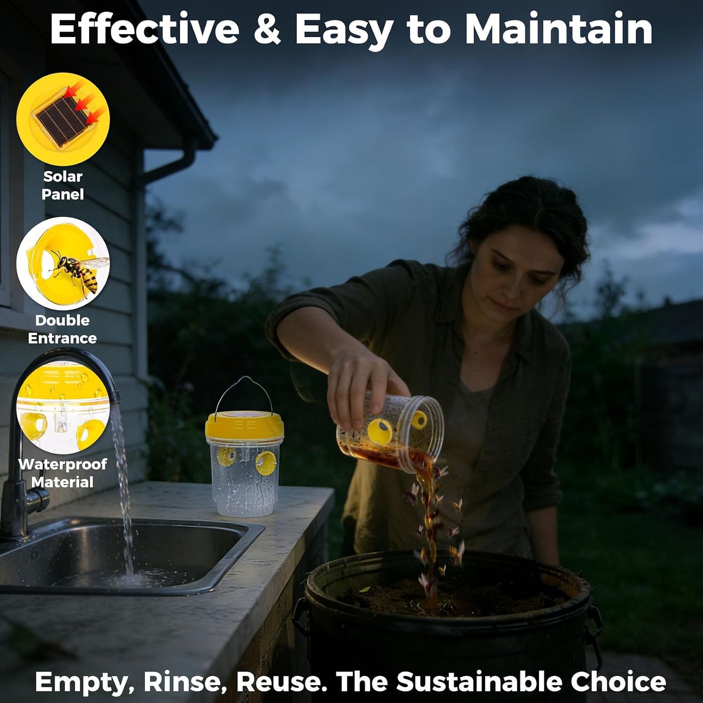 Solar Wasp Bee Trap, Outdoor Hanging LED Light Reusable Catcher for Outside | Brush Included, DIY Bait, Fits Hornet, Yellow Jacket, Wasp & Carpenter Bee, All-day Outdoor Use for Garden, Orchard & Farm