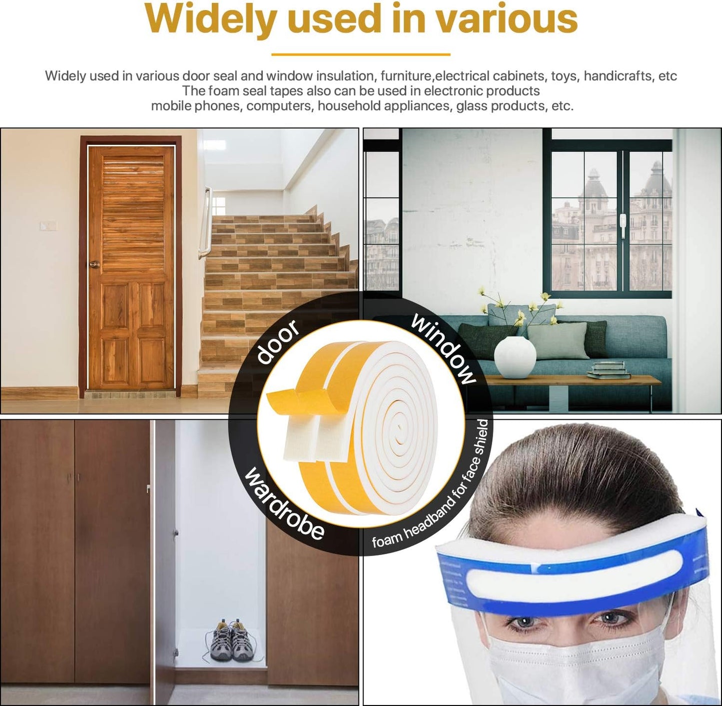 Door Weather Stripping-3 Rolls, 1/2 Inch Wide X 1/2 Inch Thick Total 20 Feet Long, Adhesive Foam Seal Tape for Window Insulation(6.5ft x 3 Rolls)