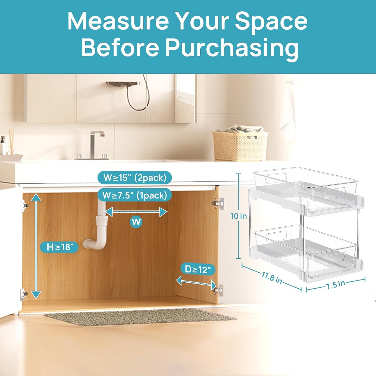 Vtopmart 2 Tier Bathroom Storage Organizer, 2 Pack Clear Under Sink Organizers Vanity Counter Container, Cabinet Drawers Bins, Pull-Out Organization with Track for Pantry, Kitchen