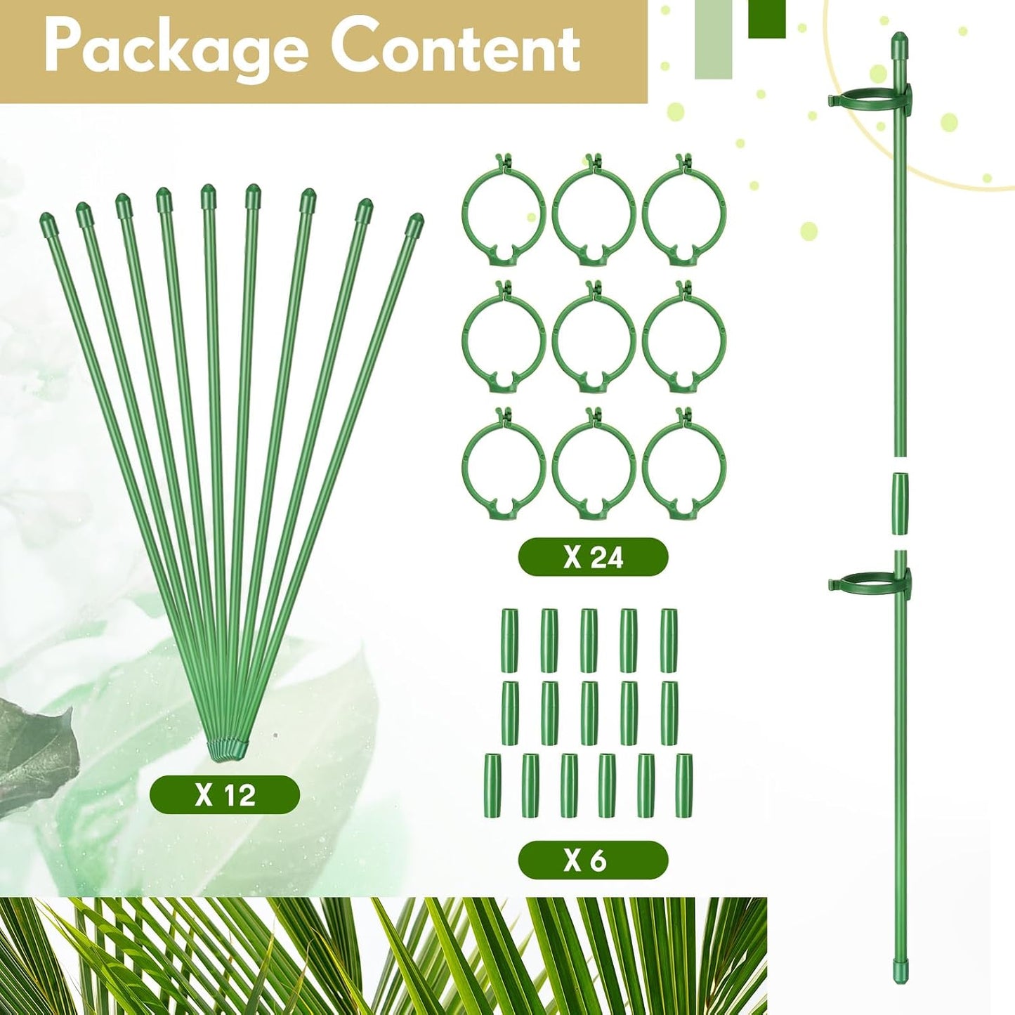 meekoo 12 Pcs 12 Inch Adjustable Plant Support Stakes for Indoor Outdoor Garden Orchid Stick Single Stem Plant Cage Support Rings with Clips and Connect Pipe for Tomato Flowers, Potted Plants (Green)