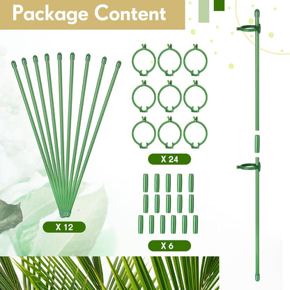 meekoo 12 Pcs 12 Inch Adjustable Plant Support Stakes for Indoor Outdoor Garden Orchid Stick Single Stem Plant Cage Support Rings with Clips and Connect Pipe for Tomato Flowers, Potted Plants (Green)
