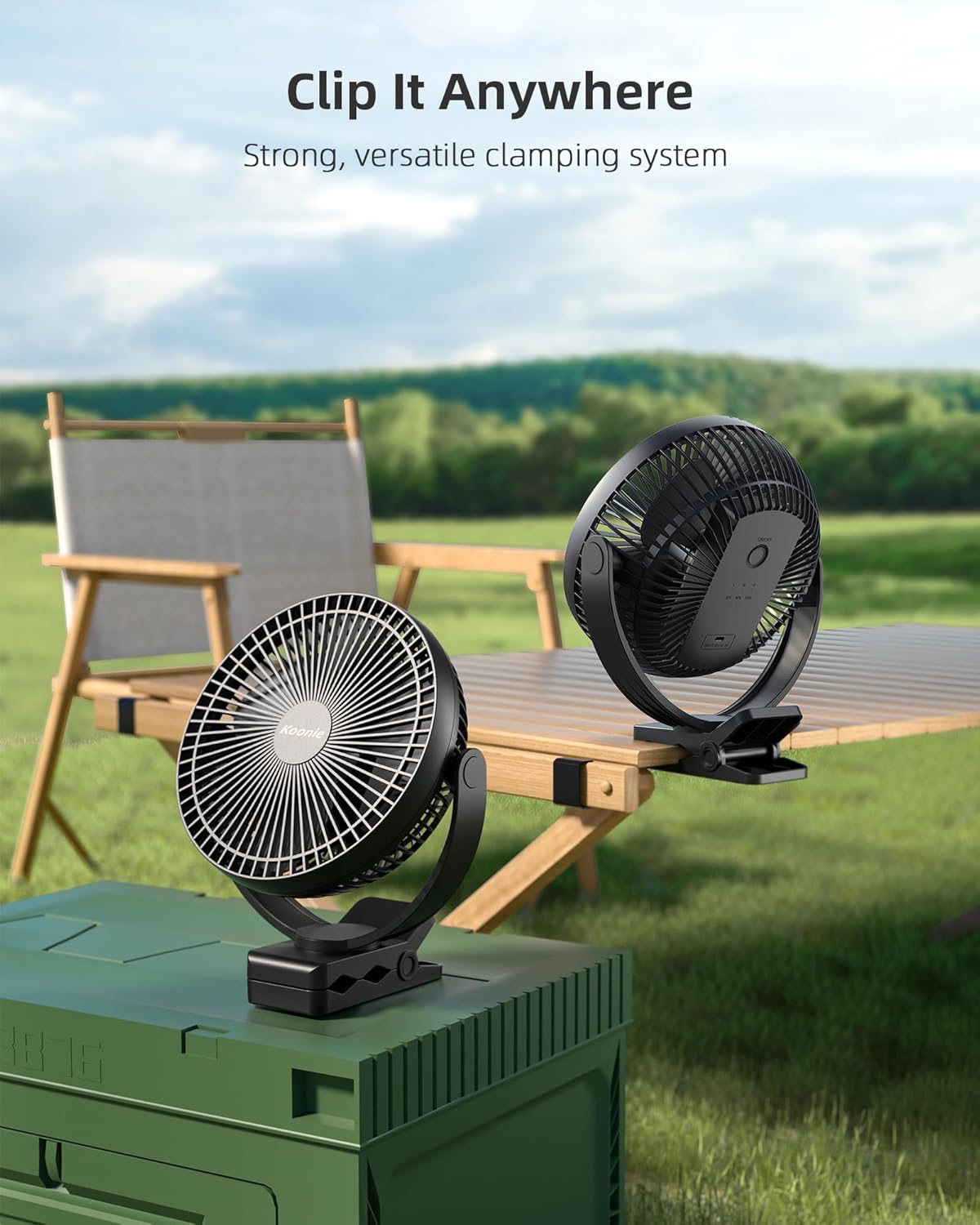 Koonie 8" Clip on Fan, 10000mAh Rechargeable Battery, Strong Airflow | 4 Speeds, Sturdy Clamp, Ideal Portable USB Desk Fan for Office, Golf Cart, Camping, Travel, Tent, Outdoor, Treadmill & Gym