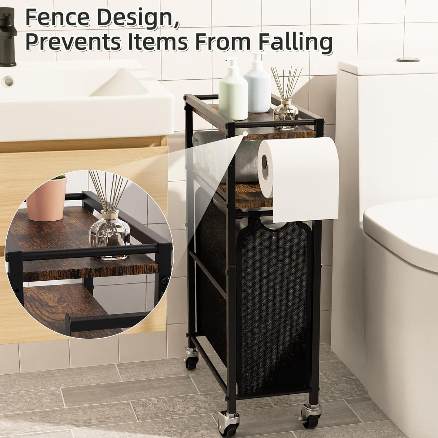 Toilet Paper Holder with Storage Bag & Wheels - Freestanding Bathroom Organizer Holds 9 Rolls for Small Spaces, Essentials Storage Beside Toilet-Brown