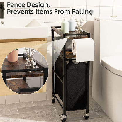 Toilet Paper Holder with Storage Bag & Wheels - Freestanding Bathroom Organizer Holds 9 Rolls for Small Spaces, Essentials Storage Beside Toilet-Brown
