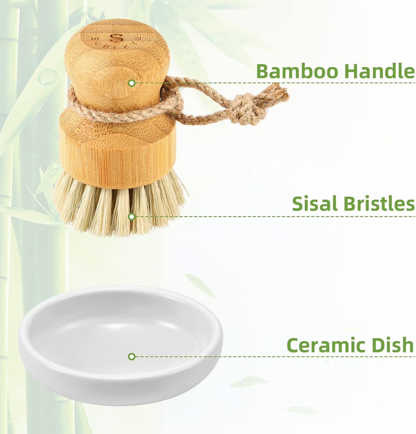 Bamboo Dish Scrub Brushes,Kitchen Wooden Cleaning Scrubbers Set for Washing Cast Iron Pan/Pot, Natural Sisal Bristles, Set of 3