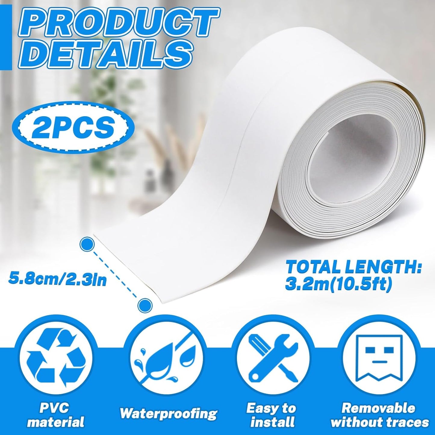2 Rolls Widened Caulk Tape 2.3''x10.5FT for Stronger Adhesion, Waterproof Self Adhesive Toilet Caulk Strip, White Sealing Caulking Tape for Toilet Base Bathroom Shower Bathtub