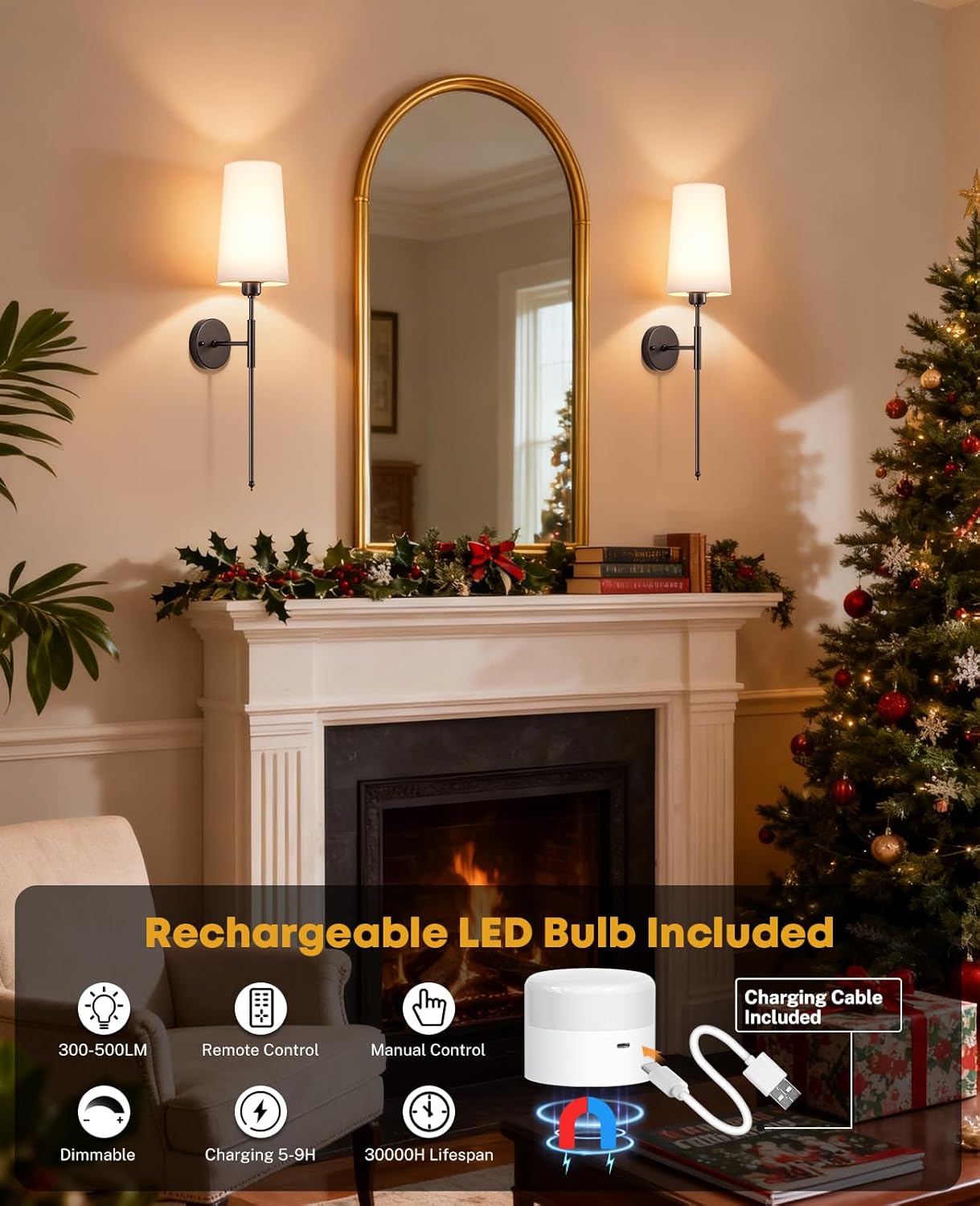 Battery Operated Wall Sconce Set of 2, 13000mAh Rechargeable Battery Powered Sconces with Remote Dimmable Fabric Shade Wireless Sconces Fixture for Bedroom Living Room