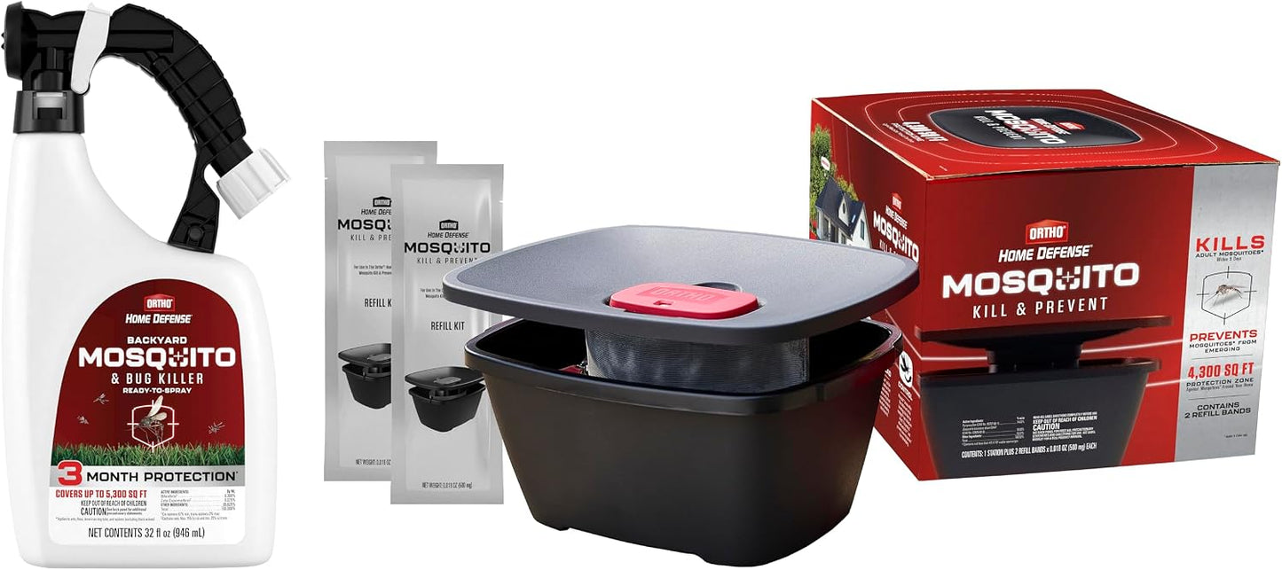 Ortho Home Defense Mosquito Kill and Prevent - Controls Mosquitoes and Larvae, Silent, Easy-to-Use, Mosquito Killer Protects up to 4,300 sq. ft., 1 Station & 2 Bands for 2 Months Protection