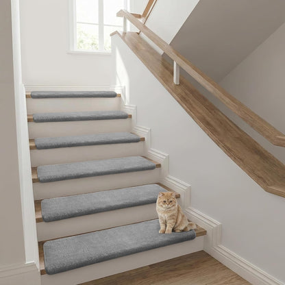 Bullnose Stair Treads Non Slip 9.5" x 32", 14 Pcs Ultra Plush Carpet Stair Treads for Wooden Steps Indoor with Edge Protection, Reusable Peel and Stick TPU Backing Stair Runner Rugs - Beige Gray