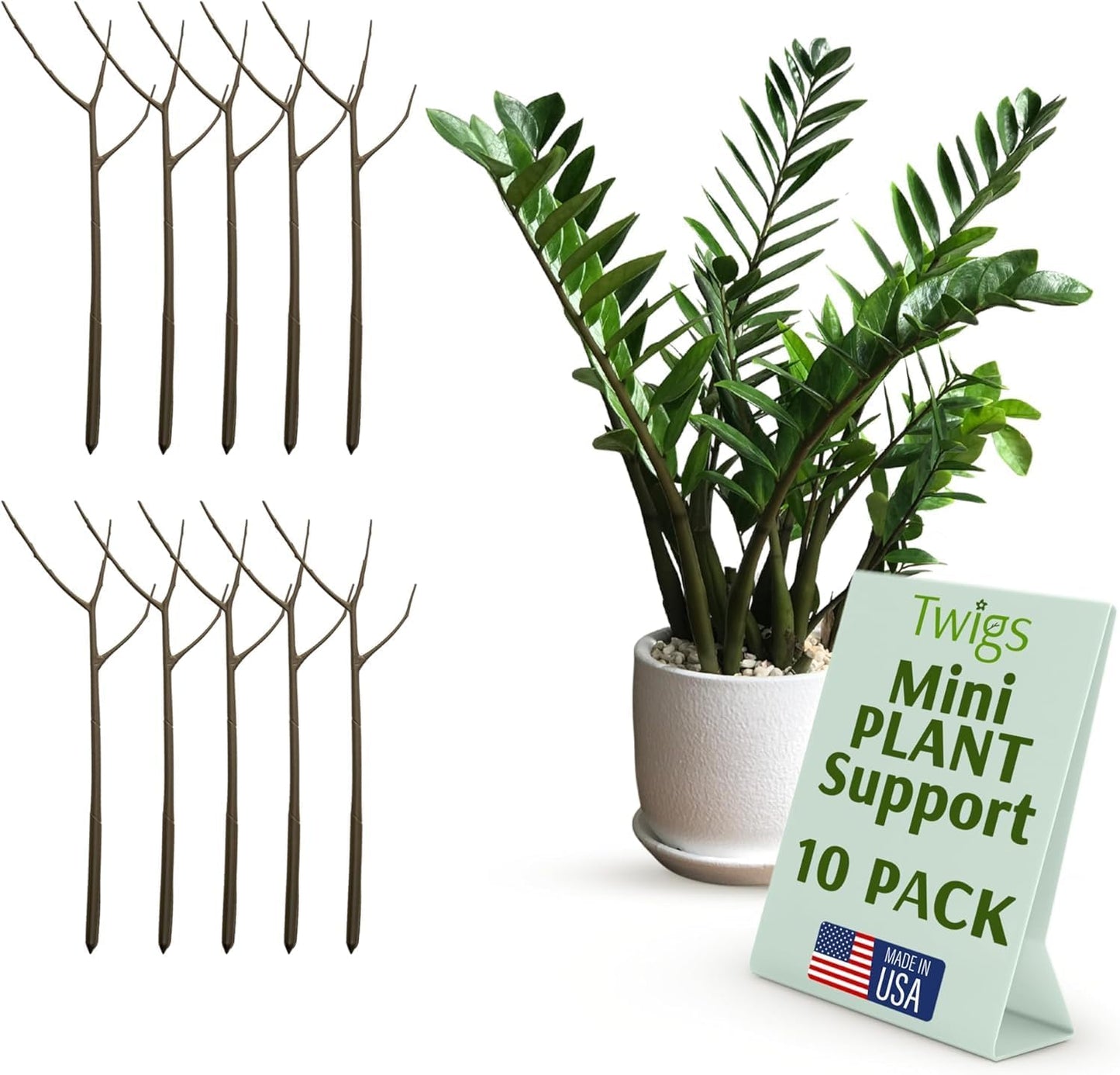 Twigs GA Mini Plant Support Stakes, Peony Light Green, 10-Pack, 12" L | Made in USA, UV-Protected Poles, Natural-Looking Stem Support Stakes, Stick Structures for Young Flowers & Vases up to 2ft