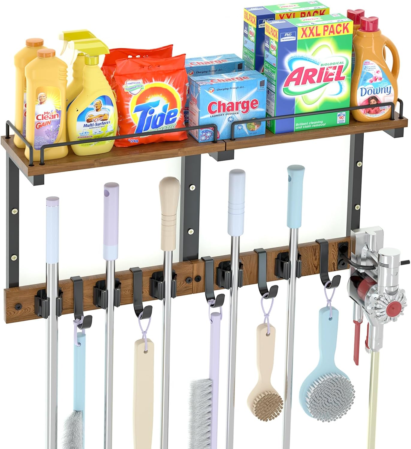 Mop Holder Wall Mount with Cleaning Supplies Organizer, Wood Mop and Broom Hanger Rack Organizer with Anti-Fall Wall Shelf with 5 Clips & Hooks for Garage Laundry Room Kitchen (Brown)