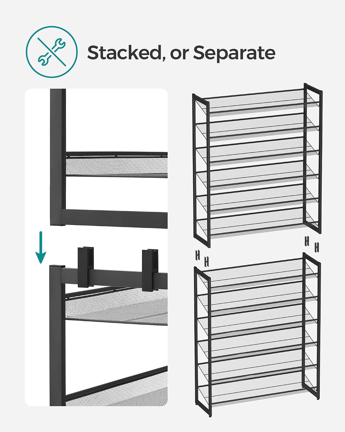 SONGMICS Shoe Rack, 12-Tier Shoe Organizer, Metal Shoe Storage for Garage, Entryway, Set of 2 6-Tier Stackable Shoe Shelf, with Adjustable Flat or Angled Shelves, Holds 48-60 Pairs, Black ULMR12B