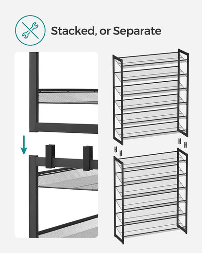 SONGMICS Shoe Rack, 12-Tier Shoe Organizer, Metal Shoe Storage for Garage, Entryway, Set of 2 6-Tier Stackable Shoe Shelf, with Adjustable Flat or Angled Shelves, Holds 48-60 Pairs, Black ULMR12B