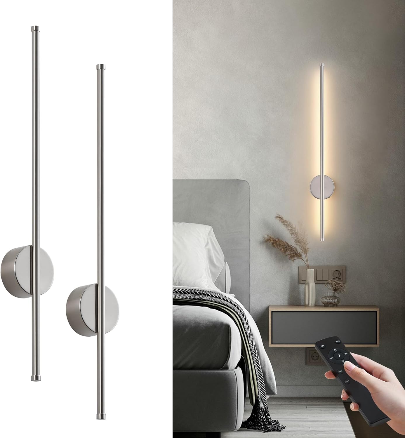 Battery Operated Modern Wall Sconces, Dimmable Wireless Wall Light Set of Two with Remote Control, 3 Color Temperatures, Rechargeable LED Wall Sconce for Bedroom, Living Room, Hallway, 23.6 Inch Brass