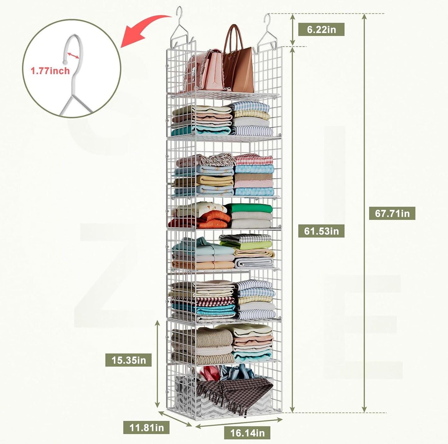 X-cosrack Closet Hanging Organizer Shelves - 5 Tier Wardrobe Organizers and Storage Bin, Hanging Organizer Shelves, Clothes Shelf with Adjustable Dividers for Bedroom Closet Sweater Shoes Handbag