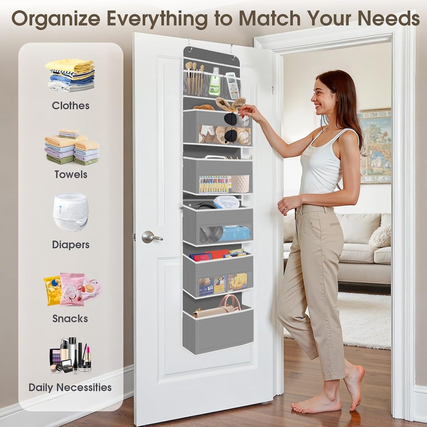 SpaceHacks 1 Pack Over The Door Organizer, Hanging Storage Organizer with Clear Window, 40lb Ultra Sturdy Large Capacity Room Organizer for Pantry Laundry Bathroom Nursery Closet Baby Essential (Grey)