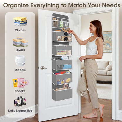 SpaceHacks 1 Pack Over The Door Organizer, Hanging Storage Organizer with Clear Window, 40lb Ultra Sturdy Large Capacity Room Organizer for Pantry Laundry Bathroom Nursery Closet Baby Essential (Grey)