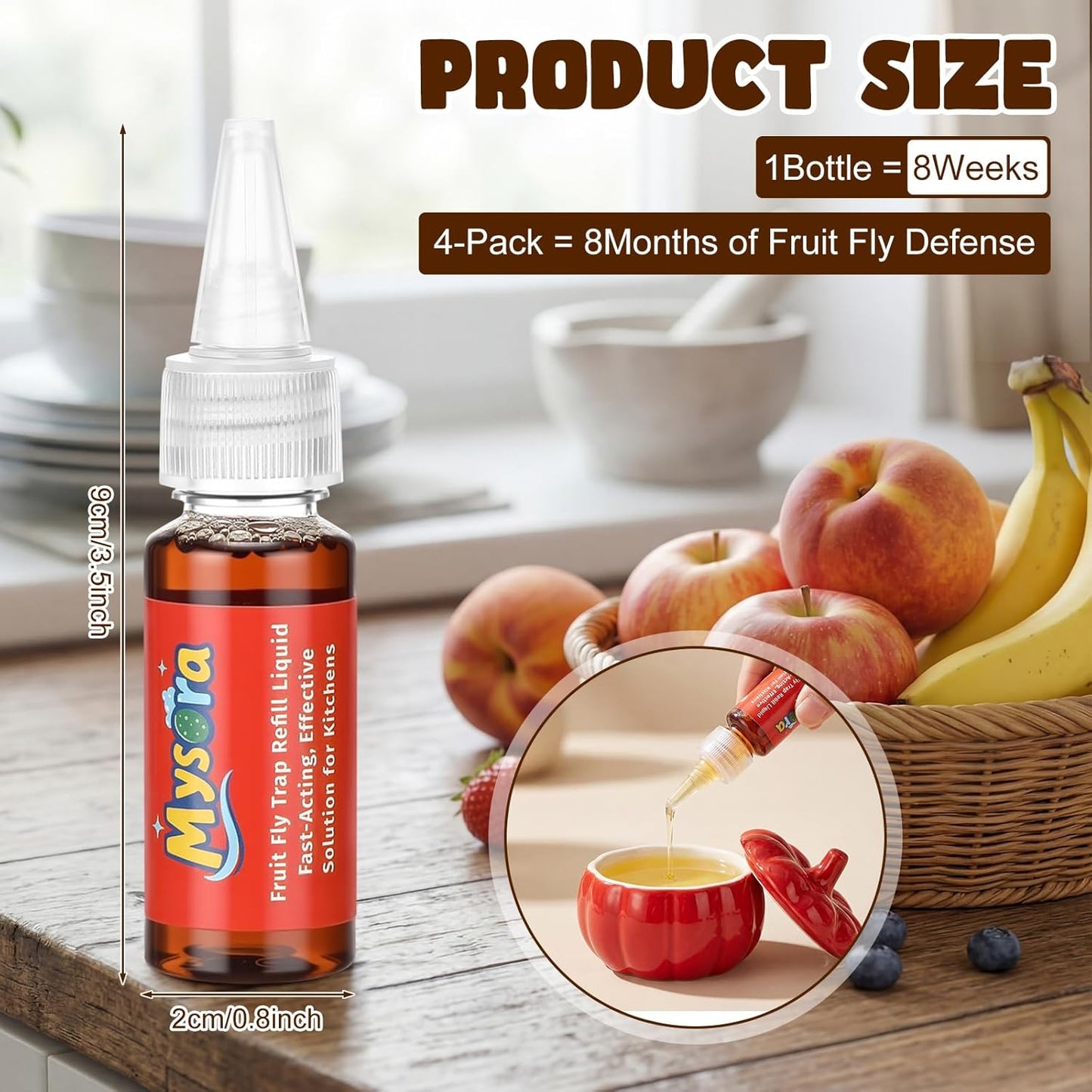 4 Pack Fruit Fly Trap Refill Liquid, 0.68 Ounces Per Bottle, Effective Fruit Fly Bait Refill, Suitable for Indoor Use, Kitchen Countertops, and Home Environments, Non-Toxic