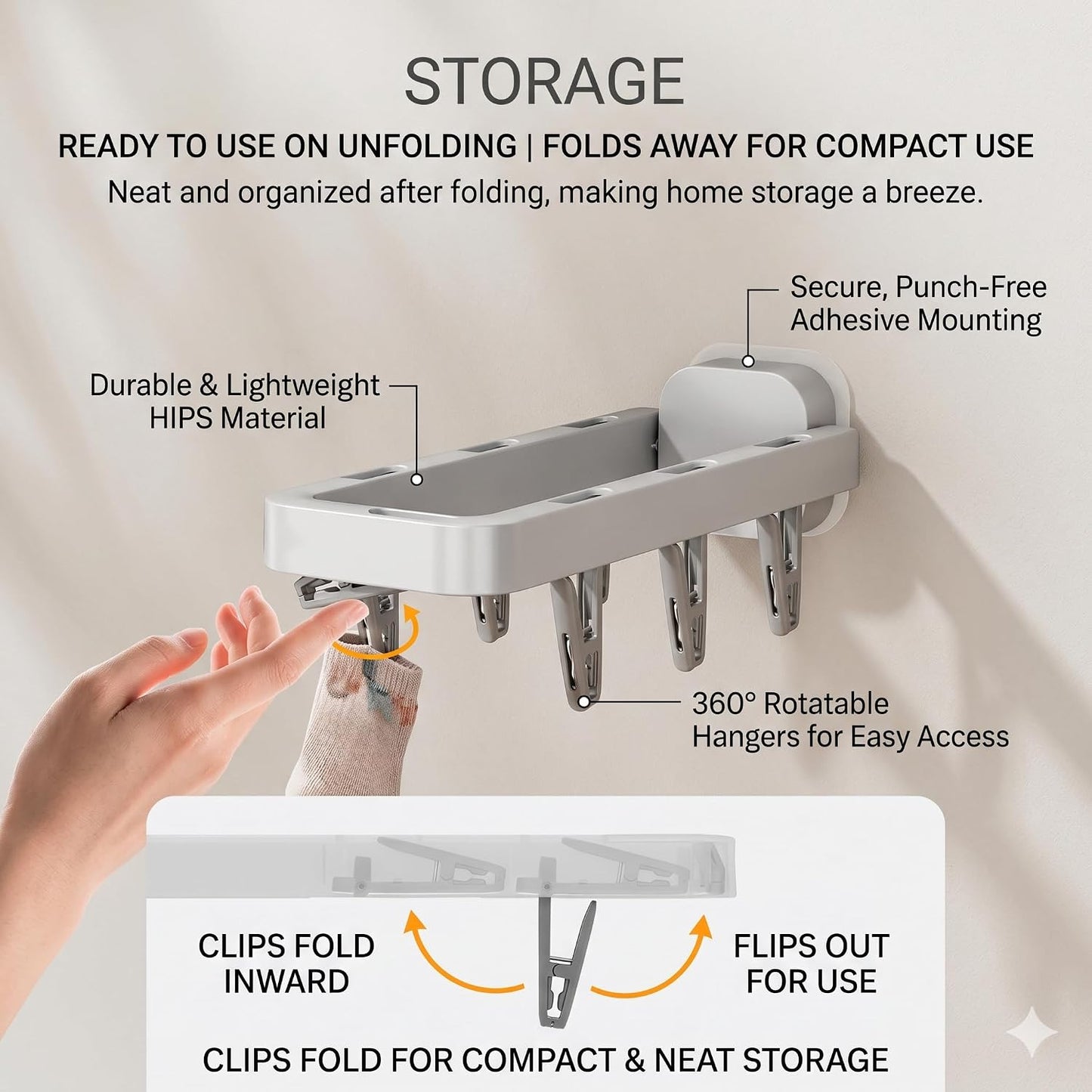 Foldable Wall Mounted Drying Rack with 7 Hidden Clips, Punch-Free Adhesive Sock & Underwear Hanger, Collapsible Space-Saving Laundry Rack for Bathroom, Balcony & Washstand, Holds 11 lbs (White-1 Pcs)