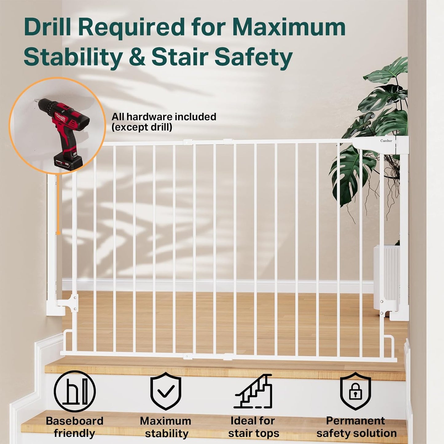 Cumbor 29.2–43" Baby Gate for Stairs, Hardware Mounted (Drill Required), Expandable No Bottom Bar Dog Gate, Auto Close Extra Wide Walk Thru, Pet & Toddler Proof Gate, Top & Bottom of Stairways (White)