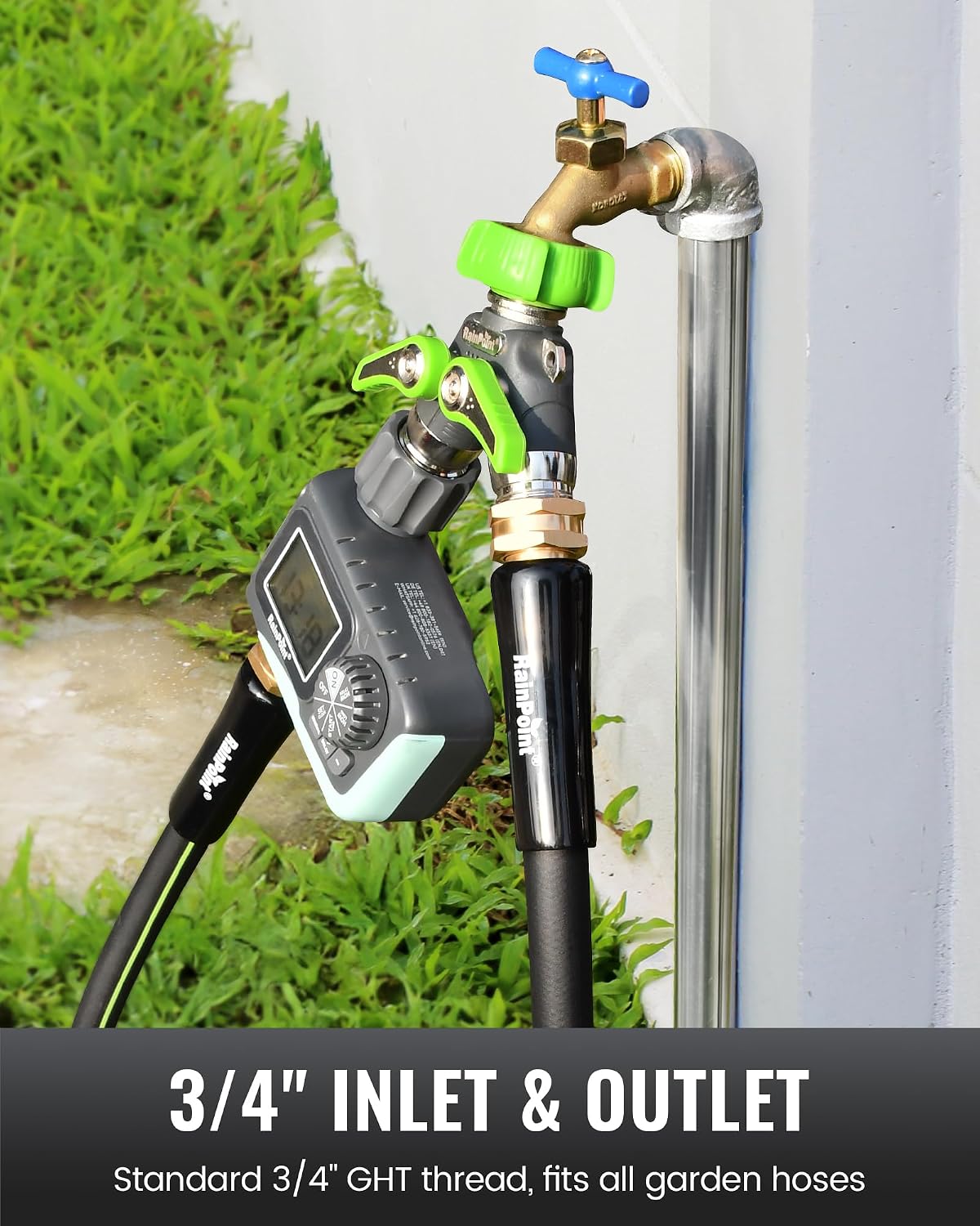 RAINPOINT 2 Way Garden Hose Splitter | Heavy Duty Water Spigot Splitter with Shutoff Valves, 100% Metal Body, 1.9" Extra Long Metal Handle, 3/4" GHT Thread